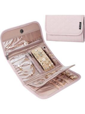 Travel Jewelry Case Organizer Foldable Jewelry Roll Storage Bag Pink for Earring